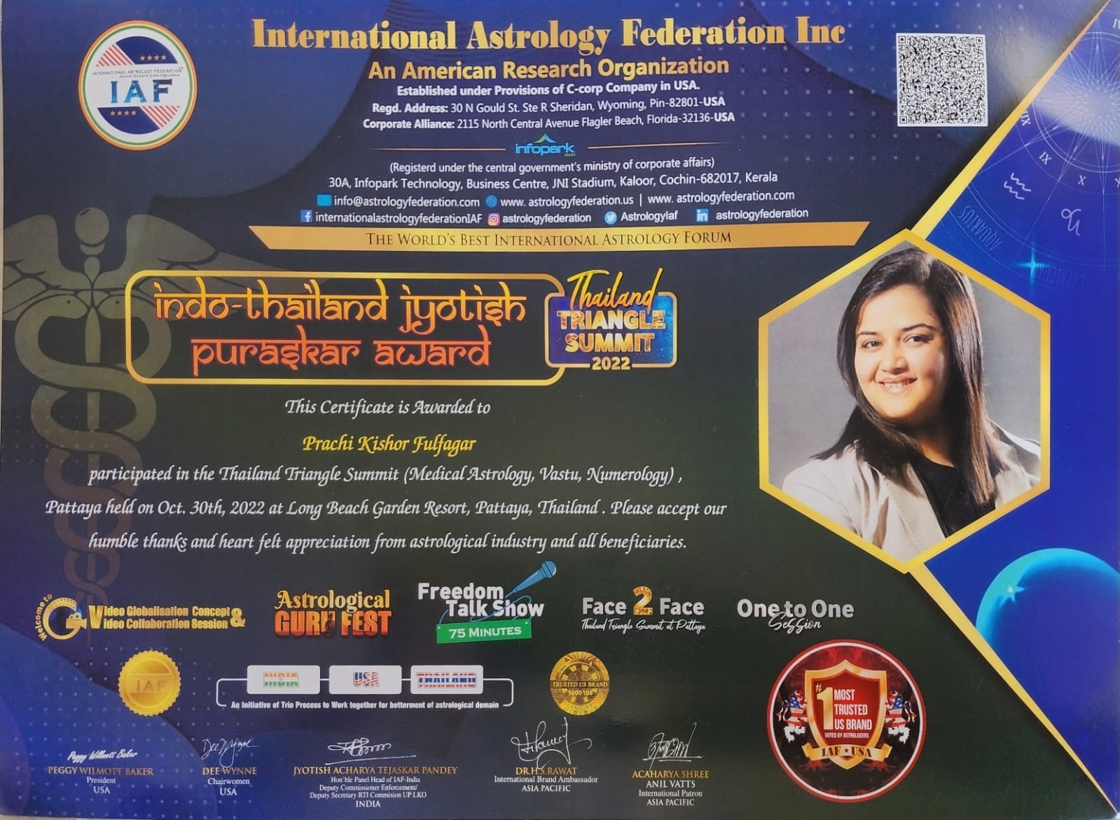 Indo Thailand Jyotish Puraskar Award certificate