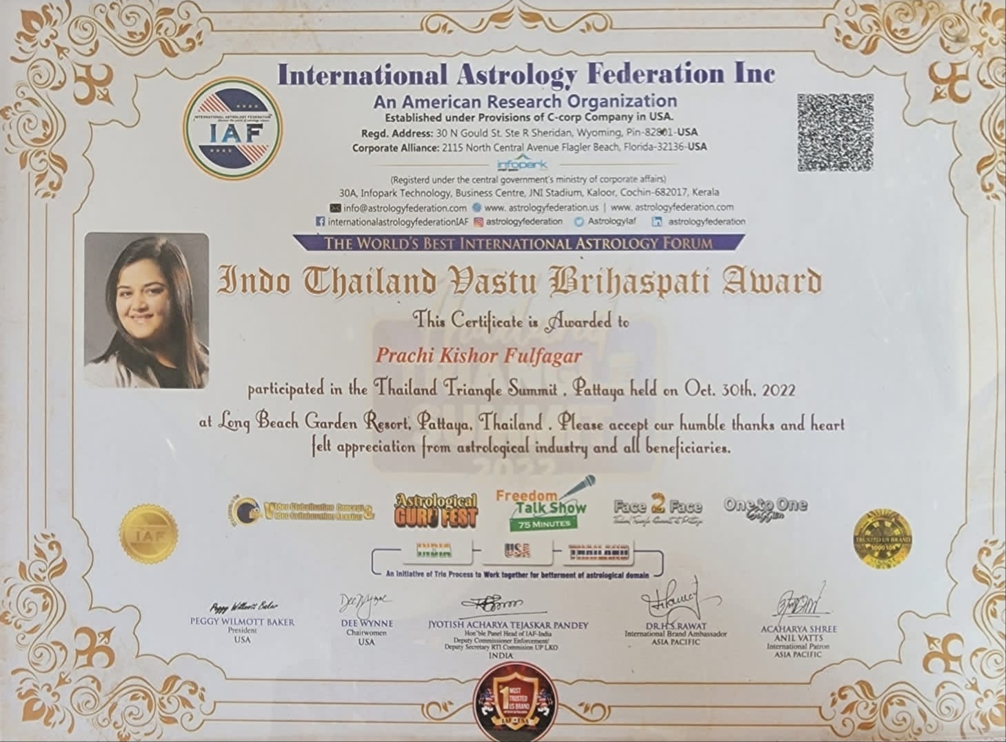 Indo Thailand-Vastu Brihaspati Award certificate