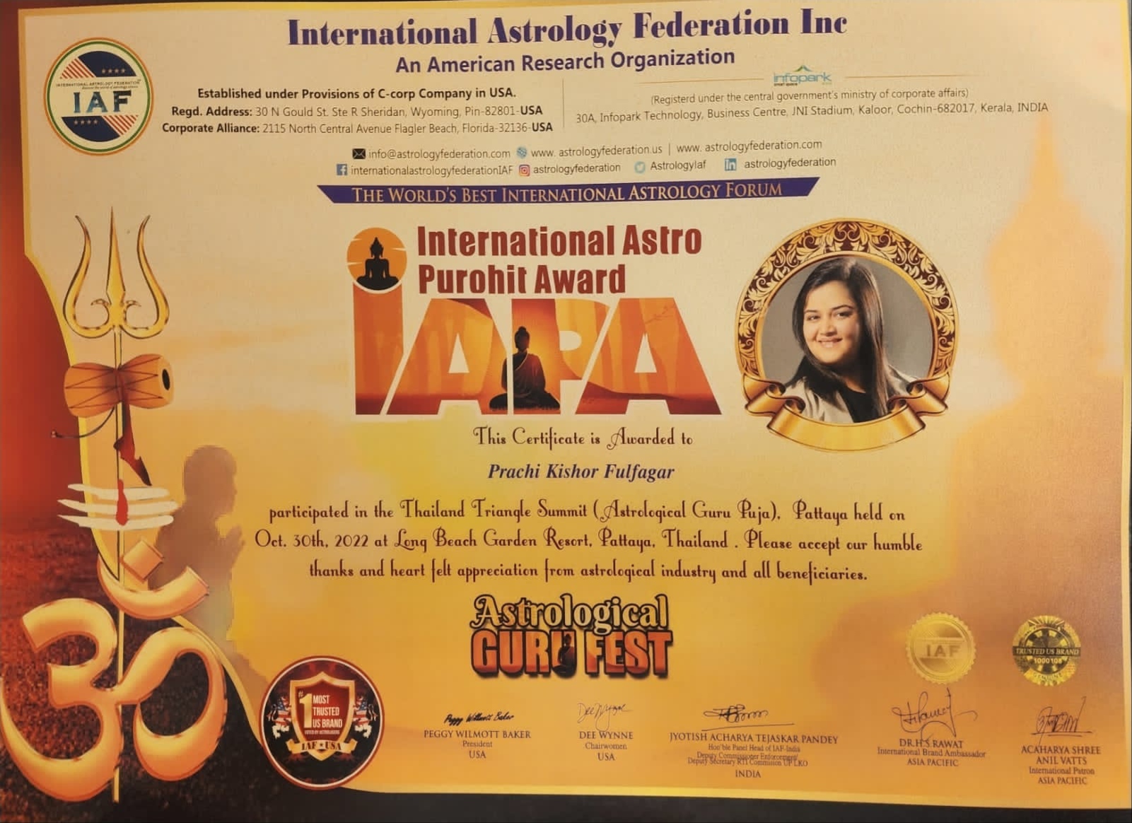 International Astro Purohit Award certificate