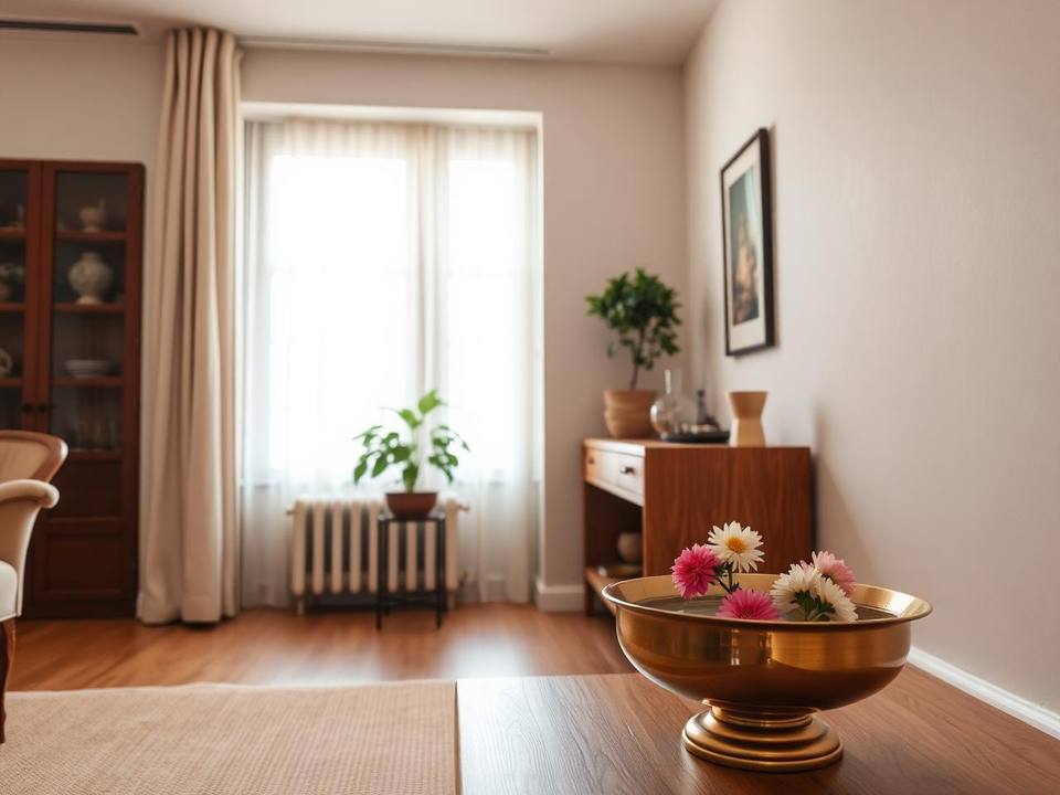 Practical Vastu home remedy with flowers and water in a real living room